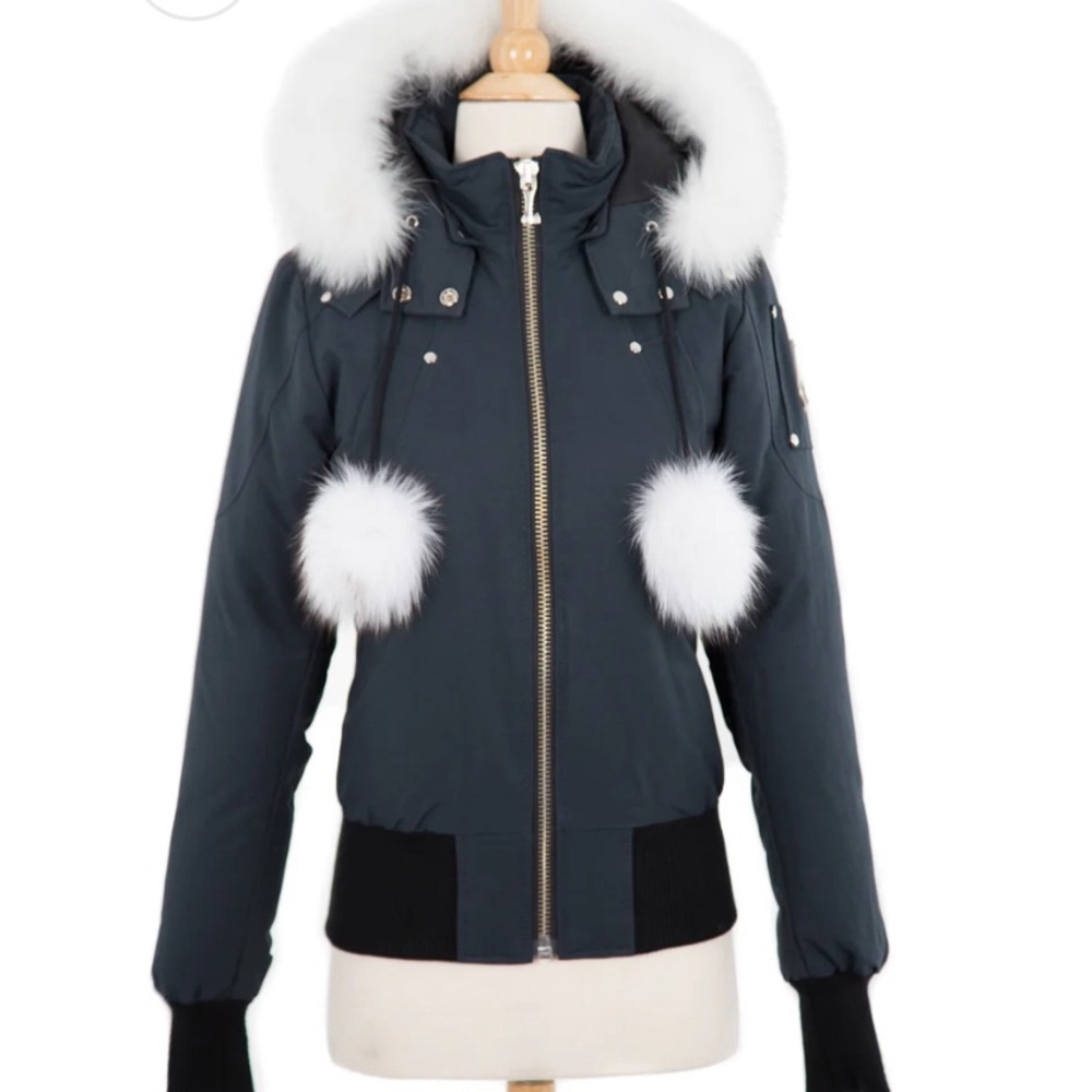 Moose Knuckles Debbie Bomber Navy Blue Down Winter Coat Fox Fur Hooded Trim XS